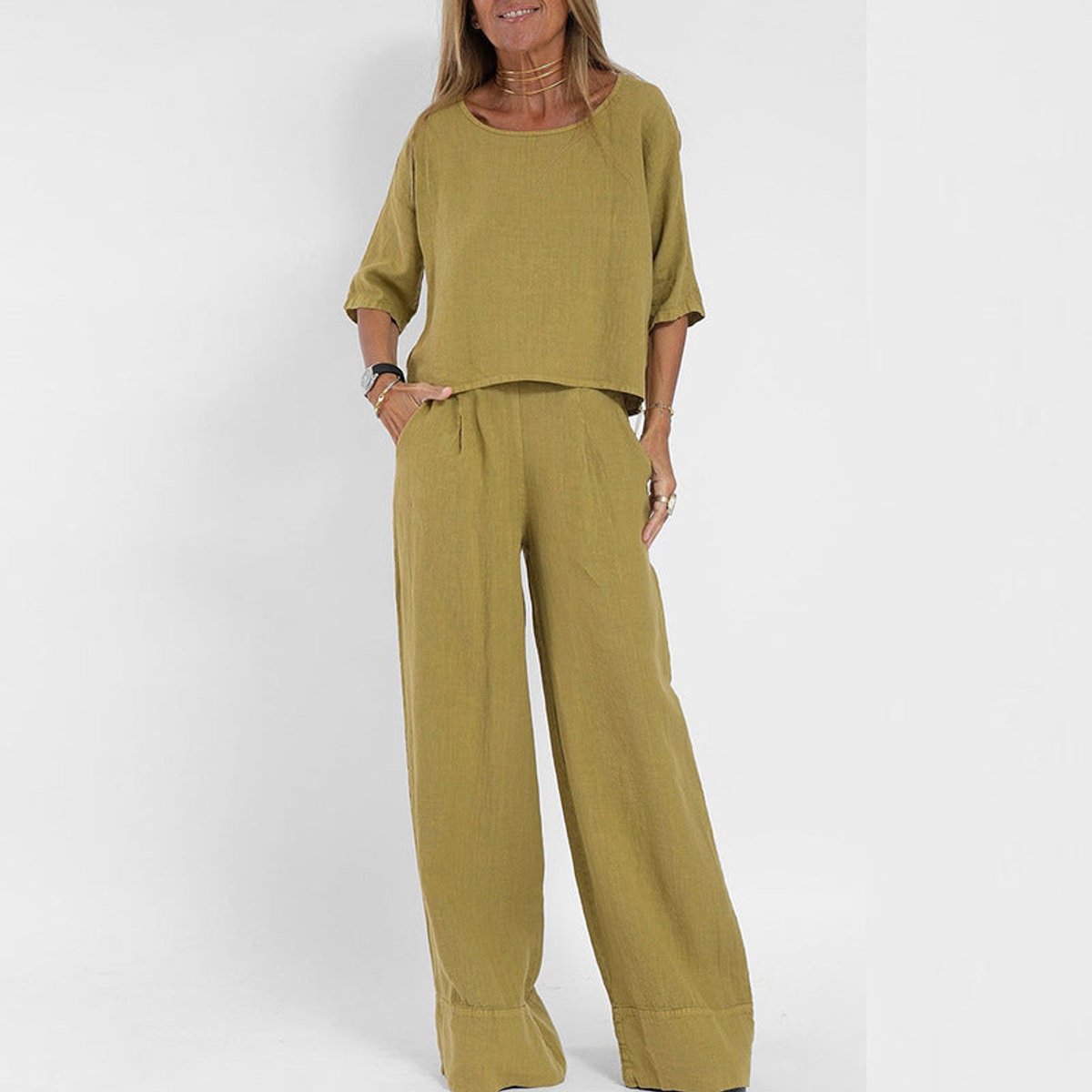 Women's Linen Blend Wide Leg Pants Set - Relaxed Two Piece