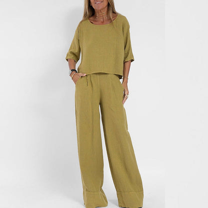 Women's Linen Blend Wide Leg Pants Set - Relaxed Two Piece