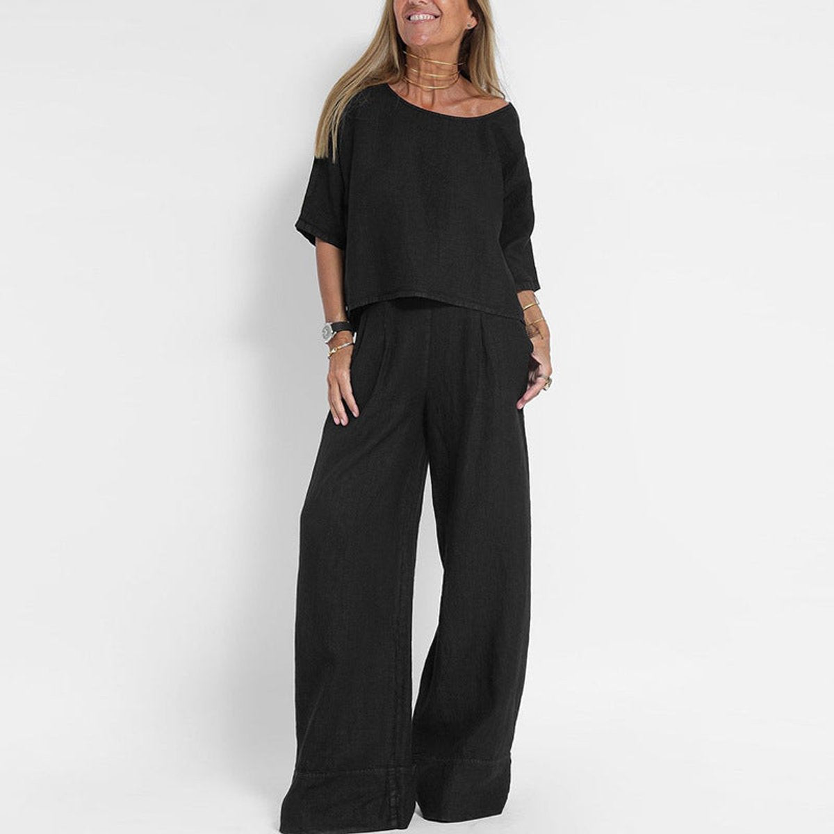 Women's Linen Blend Wide Leg Pants Set - Relaxed Two Piece