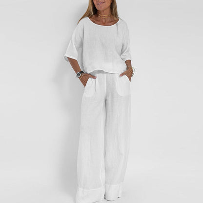 Women's Linen Blend Wide Leg Pants Set - Relaxed Two Piece