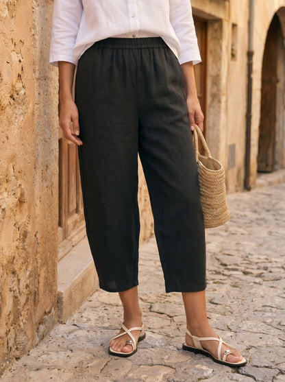 Women's 100% Linen Cropped Barrel Pants - Elastic Waist