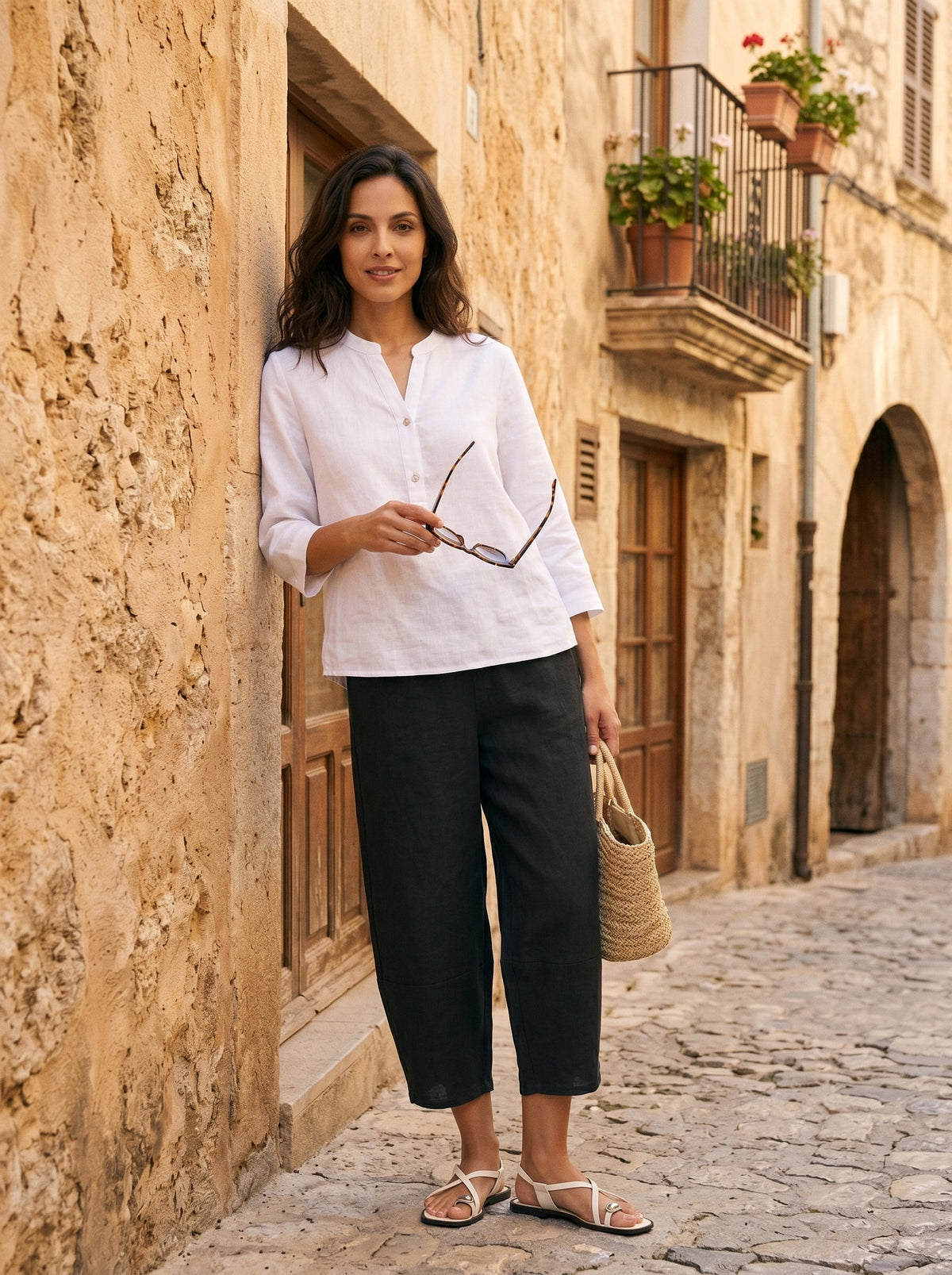 Women's 100% Linen Cropped Barrel Pants - Elastic Waist