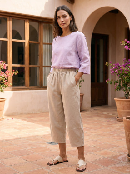 Women's 100% Linen Cropped Barrel Pants - Elastic Waist