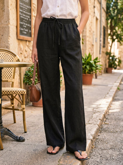 Women's 100% Linen Straight Leg Pants - Full Elastic Waist
