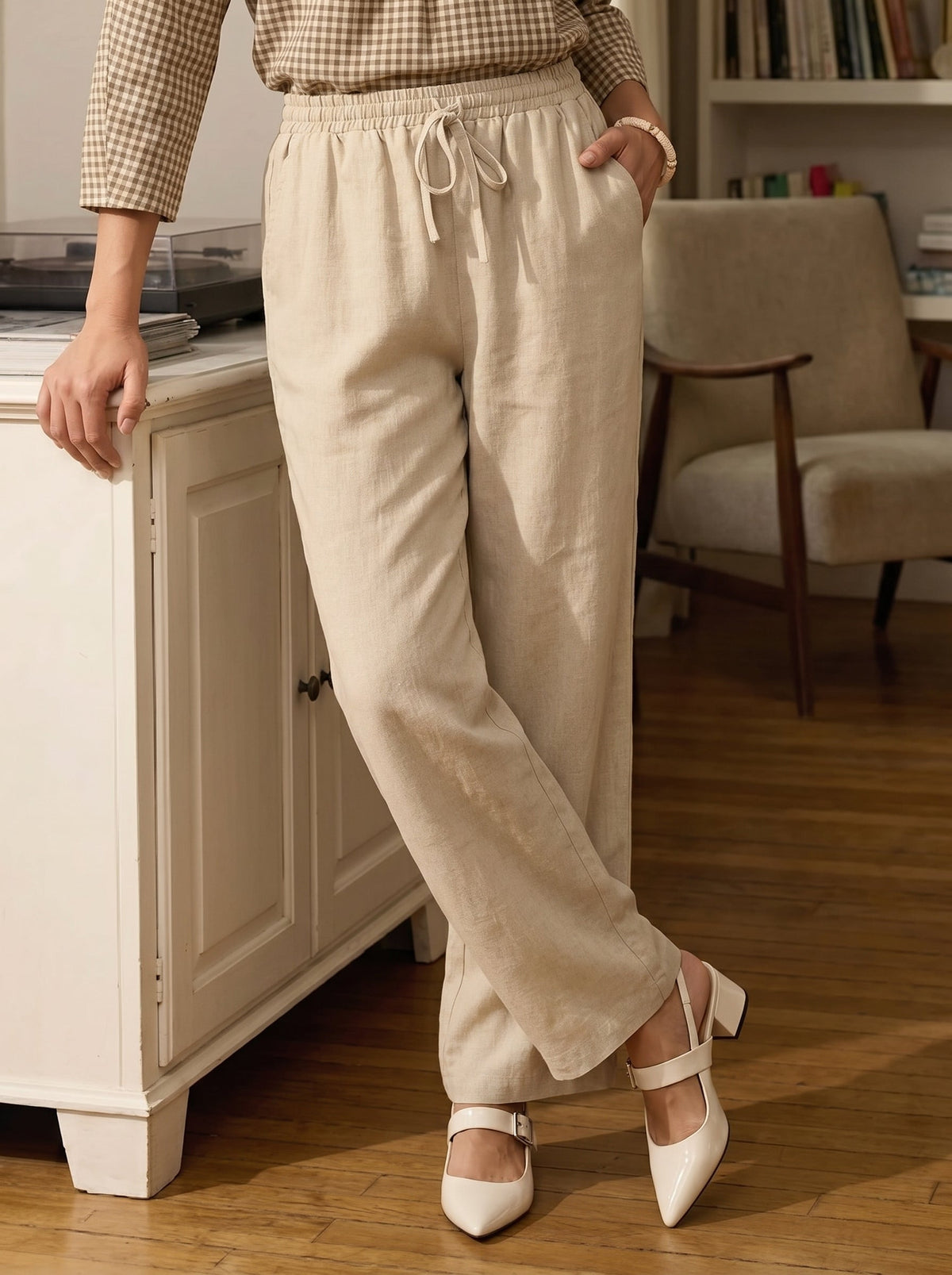 Women's 100% Linen Straight Leg Pants - Full Elastic Waist
