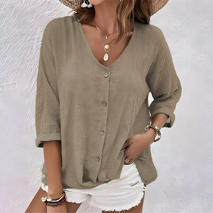 Women's V-Neck Button-Up Blouse - Relaxed 3/4 Sleeve Top