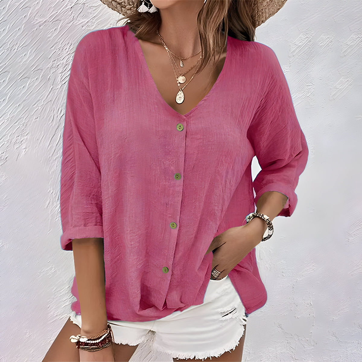 Women's V-Neck Button-Up Blouse - Relaxed 3/4 Sleeve Top