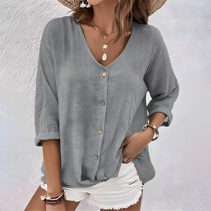 Women's V-Neck Button-Up Blouse - Relaxed 3/4 Sleeve Top