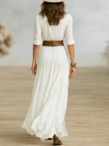 Women's Belted Maxi Shirt Dress - Button Front Long Sleeve